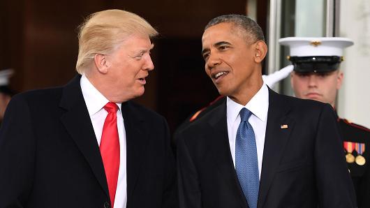 President Barack Obama welcome President-elect Donald Trump to the White House in Washington, DC January 20, 2017.