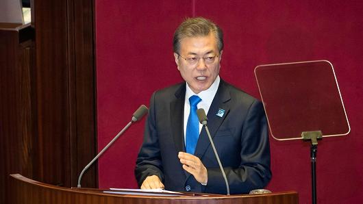Moon Jae-in, South Korea's president, speaks at the National Assembly in Seoul, South Korea, on Wednesday, Nov. 1, 2017.