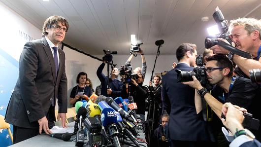Dismissed Catalan regional President Carles Puigdemont i Casamajó gives a statement during a press conference at International Press Club of Brussels on October 31, 2017 in Brussels, Belgium. Puigdemont was dismissed from the post after Spanish Government implemented the Spanish Constitution's article 155 in response to the Catalan Parliament's vote in favor of declaring independence.