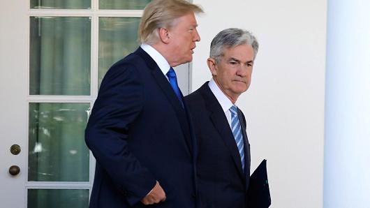 President Donald Trump, left, and Jerome Powell, governor of the U.S. Federal Reserve and Trump's nominee for chairman of the Federal Reserve, walk to a nomination announcement in the Rose Garden of the White House in Washington, D.C., U.S., on Thursday, Nov. 2, 2017.