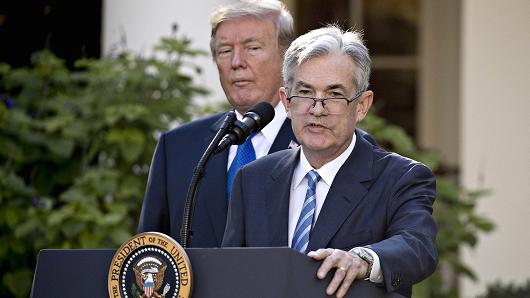 Jerome Powell, governor of the U.S. Federal Reserve and President Donald Trump's nominee as chairman of the Federal Reserve, speaks as Trump, left, listens during a nomination announcement in the Rose Garden of the White House in Washington, D.C., U.S., on Thursday, Nov. 2, 2017.