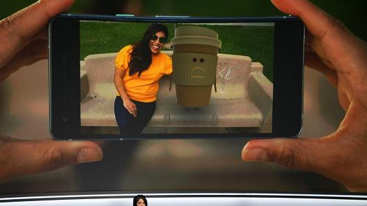 Aparna Chennapragada, Senior Director of Product at Google, Inc., talks about the new Augmented Reality stickers feature of the Pixel 2 smartphone at a product launch event, October 4, 2017.