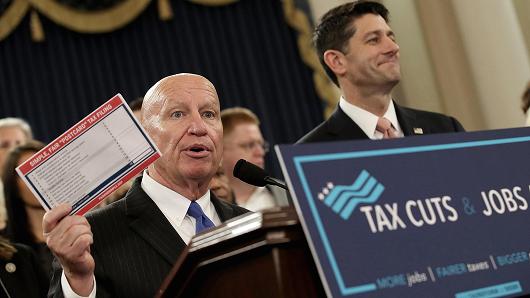House Way and Means Chairman Kevin Brady (L) (R-TX) and Speaker of the House Paul Ryan (R) (R-WI), joined by members of the House Republican leadership, introduce tax reform legislation November 2, 2017 in Washington, DC.