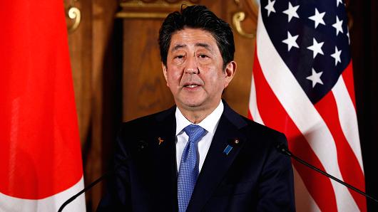 Japan's Prime Minister Shinzo Abe speaks during a news conference with U.S. President Donald Trump at Akasaka Palace in Tokyo, Japan, November 6, 2017.