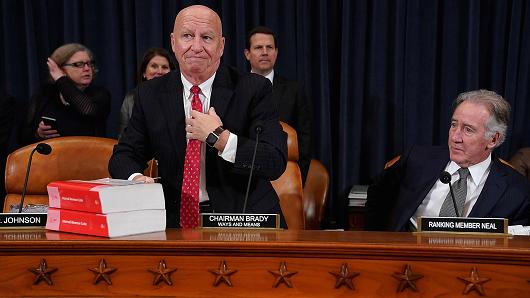 House Ways and Means Committee Chairman Kevin Brady (R-TX) (L) sets down a copy of the current tax code as he and ranking member Rep. Richard Neal (D-MA) prepare for the first markup hearing of the proposed GOP tax reform legislation in the Longworth House Office Building on Capitol Hill November 6, 2017 in Washington, DC.