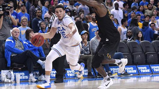 UCLA guard LiAngelo Ball (15) drives to the basket during an college exhibition basketball game between the Cal State Los Angeles and the UCLA Bruins on November 1, 2017, at Pauley Pavilion in Los Angeles, CA.
