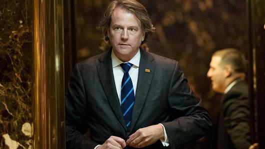 Don McGahn, general counsel for the Trump transition team, gets into an elevator in the lobby at Trump Tower, November 15, 2016.