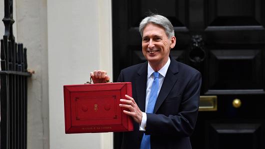 British Chancellor of the Exchequer Philip Hammond poses for pictures with the Budget Box as he leaves 11 Downing Street in London, on November 22, 2017, before presenting the government's annual Autumn budget to Parliament.