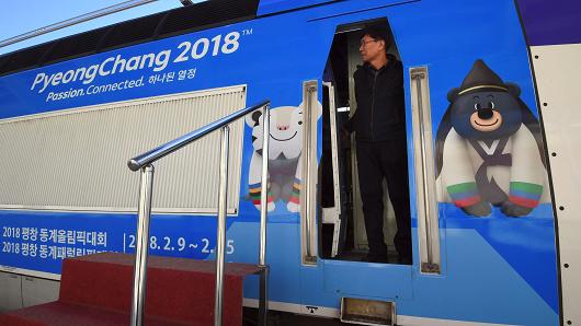 A KTX (Korea Train Express) bullet train, decorated with the mascots of the 2018 PyeongChang Winter Olympics, during a press tour of the new train line for the upcoming Winter Olympics at Gangneung station in Gangneung, an Olympic venue, on November 21, 2017.