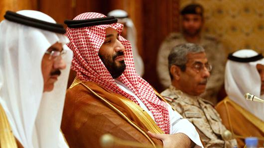 Saudi Arabia's Deputy Crown Prince and Defense Minister Mohammed bin Salman (2nd L) takes his seat to meet with U.S. Defense Secretary James Mattis and his delegation on April 19, 2017 in Riyadh, Saudi Arabia.