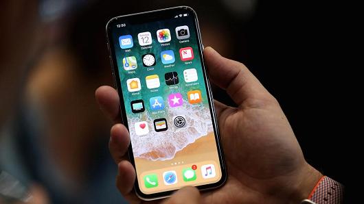 The iPhone X is displayed during an Apple special event at the Steve Jobs Theatre on Sept. 12, 2017 in Cupertino, Calif.