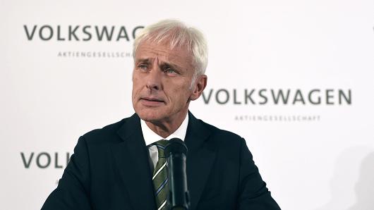 Matthias Mueller addresses a news conference at Volkswagen's headquarters in Wolfsburg, Germany, on Sept. 25, 2015.
