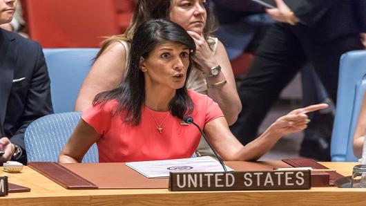 U.S. Ambassador to the UN Nikki Haley is seen during the Security Council meeting. The United Nations Security Council convened an emergency meeting to consider new sanctions against North Korea following the nation's July 3 and July 28 tests of intercontinental ballistic missiles.