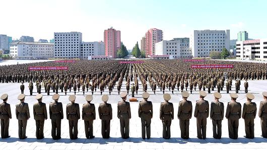 Members of the People's Security Council take part an anti-U.S. rally, in this September 23, 2017 photo released by North Korea's Korean Central News Agency.