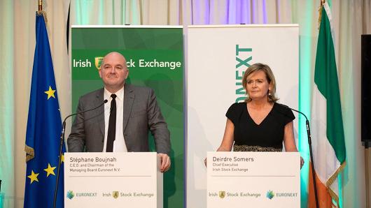Deirdre Somers, chief executive officer of Irish Stock Exchange Plc (R), and Stephane Boujnah, chief executive officer Euronext NV, during a news conference at the Irish Stock Exchange in Dublin, Ireland, on Thursday, November 30, 2017.