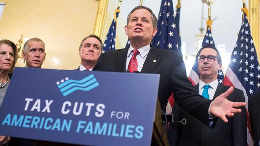 Sen. Steve Daines, R-Mont., speaks during a news conference in the Capitol where GOP senators said families and small businesses would benefit from tax reform on November 7, 2017.