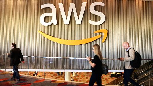 Attendees at Amazon.com annual cloud computing conference walk past the Amazon Web Services logo in Las Vegas, November 30, 2017.