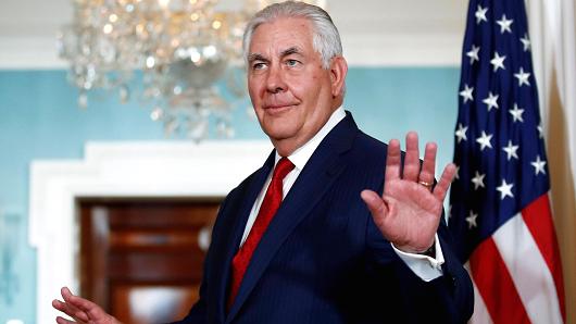 Secretary of State Rex Tillerson turns to leave after a media opportunity with Libyan Prime Minister Fayez al-Sarraj at the State Department in Washington, Friday, Dec. 1, 2017. Tillerson is dismissing as "laughable" reports that the White House is trying to get rid of him.