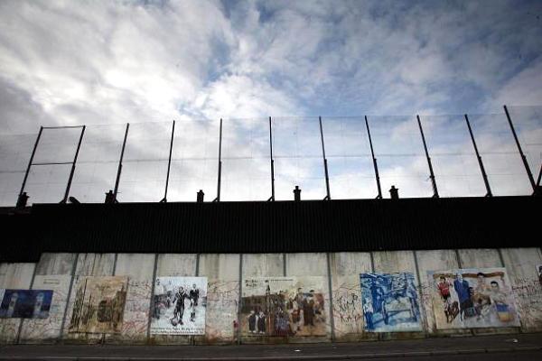 The 'Peace Line' fence is seen on February 9, 2005 that stretches between the Catholic and Protestant areas of West Belfast, Northern Ireland.