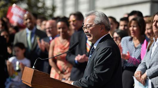 Ed Lee, mayor of San Francisco, speaks during a news conference outside City Hall after the U.S. Supreme Court same-sex marriage ruling in San Francisco, California, U.S., on Friday, June 26, 2015. Same-sex couples have a constitutional right to marry nationwide, the U.S. Supreme Court said in a historic ruling that caps the biggest civil rights transformation in a half-century. Photographer: Josh Edelson/Bloomberg via Getty Images