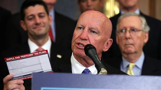 U.S. Rep. Kevin Brady (R-TX) (C) holds up a tax filing 'postcard' as Speaker of the House Rep. Paul Ryan (R-WI) (L) and Senate Majority Leader Sen. Mitch McConnell (R-KY) (R) looks on during a press event on tax reform September 27, 2017 at the Capitol in Washington, DC.