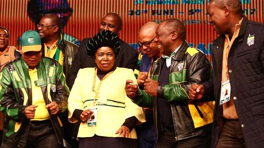 South African President Jacob Zuma, Nkosazana Dlamini-Zuma, Deputy President Cyril Ramaphosa and Zweli Mkhize during the African National Congress' policy conference on July 5, 2017, in Johannesburg, South Africa.