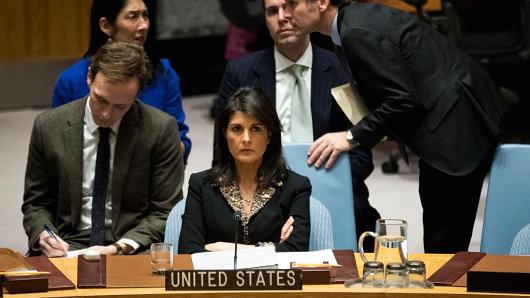 U.S. ambassador to the United Nations Nikki Haley listens during a Security Council meeting concerning the situation in the Middle East involving Israel and Palestine, at United Nations headquarters, December 18, 2017 in New York City.