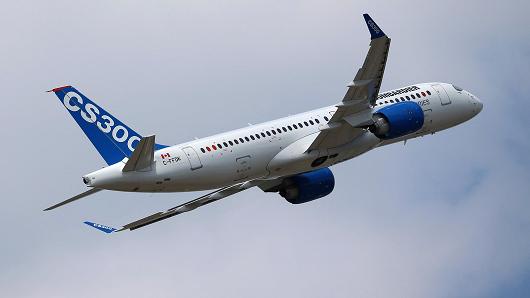A Bombardier CS300 C Series aircraft, manufactured by Bombardier Inc.