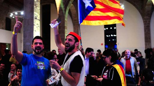 Pro-secessionist supporters react to election results for the Catalan National Assembly on December 21, 2017, in Barcelona, Spain.