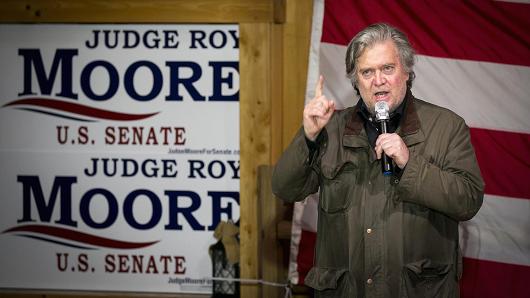 Steve Bannon, chairman of Breitbart News Network LLC, speaks during a campaign rally for Roy Moore, Republican candidate for U.S. Senate from Alabama, not pictured, in Fairhope, Alabama, U.S., on Tuesday, Dec. 5, 2017.
