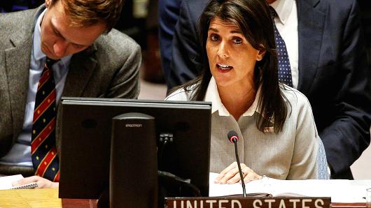 United States ambassador to the United Nations Nikki Haley addresses the U.N. Security Council, December 8, 2017.