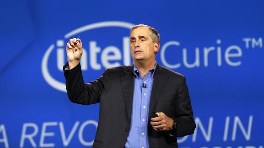 Brian Krzanich, chief executive officer of Intel Corp., holds the Curie module as he speaks during the 2015 Consumer Electronics Show (CES) in Las Vegas, Nevada, U.S., on Tuesday, Jan. 6, 2015.