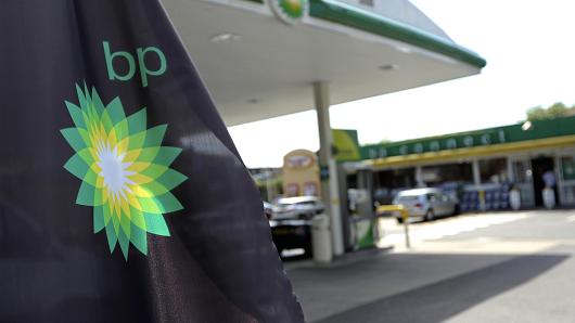 A BP company logo at a gas station in London, U.K.
