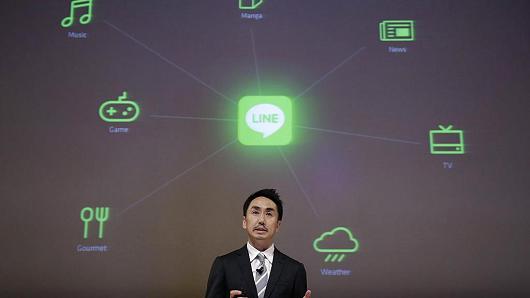 Takeshi Idezawa, chief executive officer of Line Corp., speaks during a news conference in Tokyo, Japan