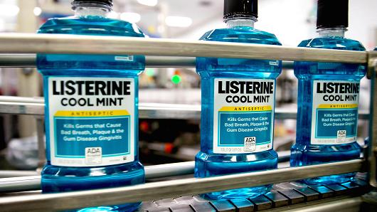 Johnson & Johnson Listerine brand cool mint mouthwash bottles move through the production line on a conveyor at the J&J consumer healthcare products plant in Lititz, Pennsylvania.