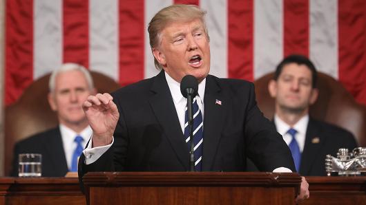 President Donald J. Trump delivers his first address to a joint session of Congress from the floor of the House of Representatives in Washington, DC.