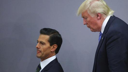 Mexican President Enrique Peña Nieto meets with then-presidential candidate Donald Trump after a meeting at Los Pinos on August 31, 2016, in Mexico City.