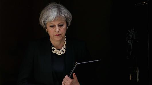 Theresa May, U.K. prime minister, leaves number 10 Downing Street to make a statement on the terror attack in London, U.K., on Sunday, June 4, 2017.