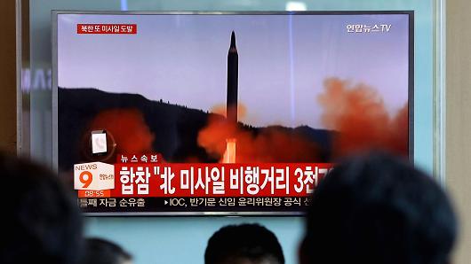 A television broadcast of the North Korean missile launch at the Seoul Railway Station on September 15, 2017, in Seoul, South Korea.