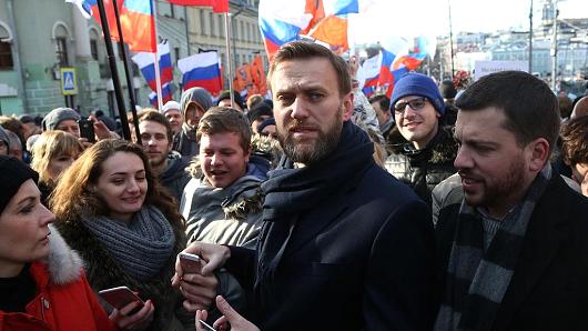 Russian opposition leader Alexei Navalny at a mass march on the one-year anniversary of dissident Boris Nemtsov's killing on Feb. 27, 2016 in Moscow, Russia.