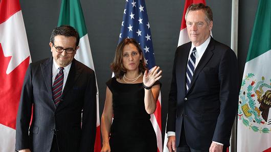 (L-R) Mexico's Secretary of Economy Ildefonso Guajardo Villarreal, Canada's Minister of Foreign Affairs Chrystia Freeland, and United States Trade Representative Robert E. Lighthizer gather for a trilateral meeting at Global Affairs on the final day of the third round of the NAFTA renegotiations in Ottawa, Ontario, September 27, 2017.
