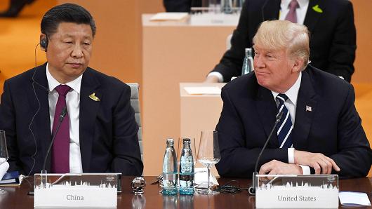 China's President Xi Jinping (L) and US President Donald Trump attend a working session on the first day of the G20 summit in Hamburg, northern Germany, on July 7, 2017.