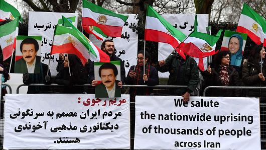 Protesters gather outside the Iranian Embassy in central London on January 2, 2018, in support of national demonstrations in Iran against the existing regime.