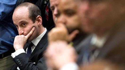 Stephen Miller, White House senior advisor for policy, listens during a meeting with U.S. President Donald Trump, not pictured, and congressional leadership in the Roosevelt Room of the White House in Washington, D.C., U.S., on Tuesday, Nov. 28, 2017.