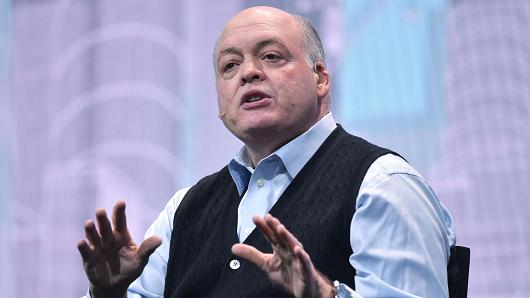 Ford Motor Company President and CEO Jim Hackett speaks during a keynote address during CES 2018 in Las Vegas on January 9, 2018.