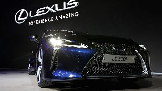A Toyota Motor Corp. Lexus LC 500h hybrid vehicle stands on display during the press day of the Seoul Motor Show in Goyang, South Korea, on Thursday, March 30, 2017.