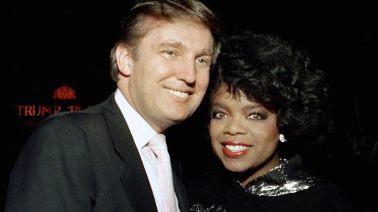 Businessman Donald Trump and Oprah Winfrey at Tyson vs Holmes Convention Hall in Atlantic City, New Jersey January 22 1988.