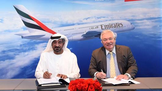 HH Sheikh Ahmed bin Saeed Al Maktoum, Chairman and Chief Executive, Emirates Airline and Group (L), and John Leahy, Chief Operating Officer Customers, Airbus Commercial Aircraft.
