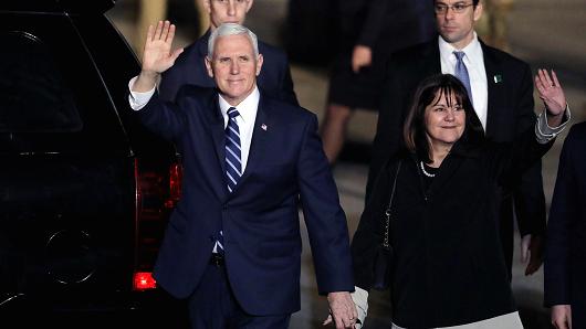 Vice President Mike Pence and his wife Karen wave upon their arrival at Ben Gurion international Airport in Lod, near Tel Aviv, Israel January 21, 2018.