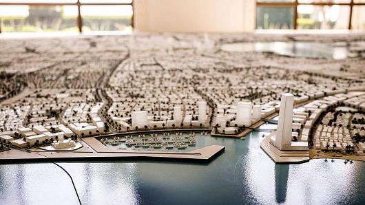 A scale model showing the plans for the eventual size of the King Abdullah Economic City on April 07, 2016 in Jeddah, Saudi Arabia. The King Abdullah Economic City (KAEC) is a massive project to create a port and manufacturing city on the Red Sea